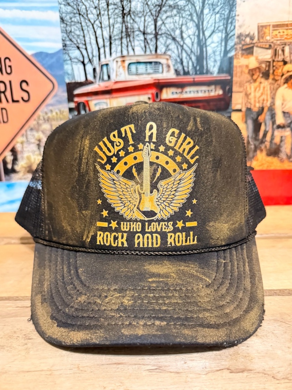 "Just A Girl Who Loves Rock and Roll" Trucker Hat - Black & Gold